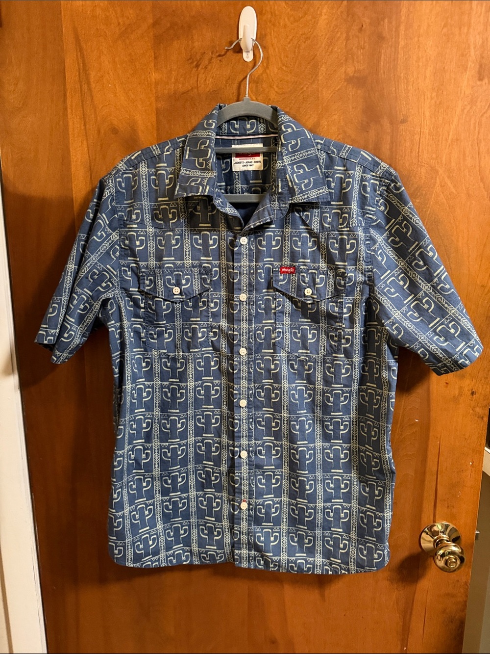Wrangler Blue Short-Sleeve Button-Down Shirt with Cactus Print